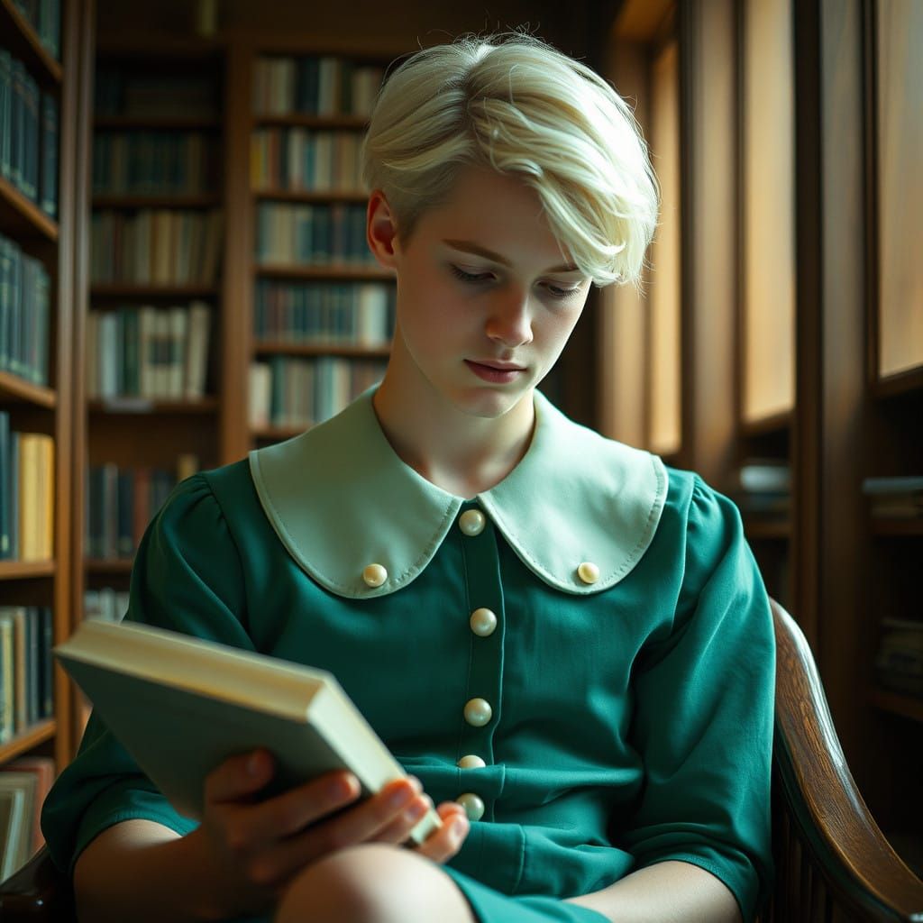 Serene Young Man Reads in Elegant Green Dress in Cozy Librar...