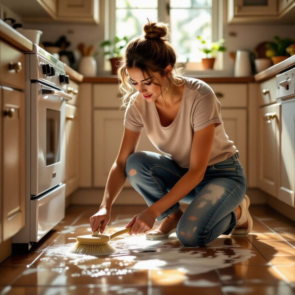 Woman Cleans Kitchen Floor as Impressionist Painting
