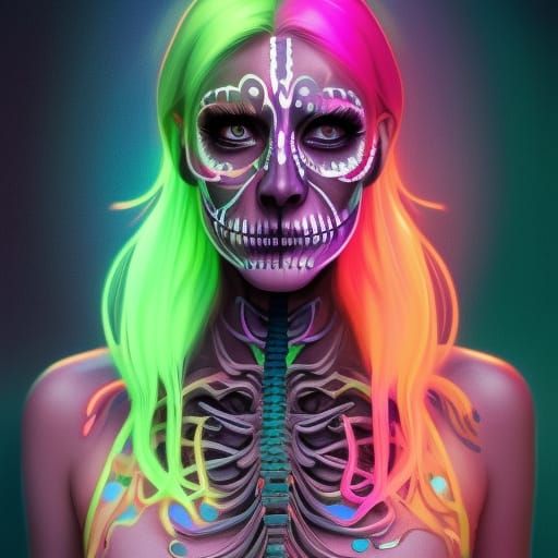 Neon Skeleton Face Paint Portrait in 8K