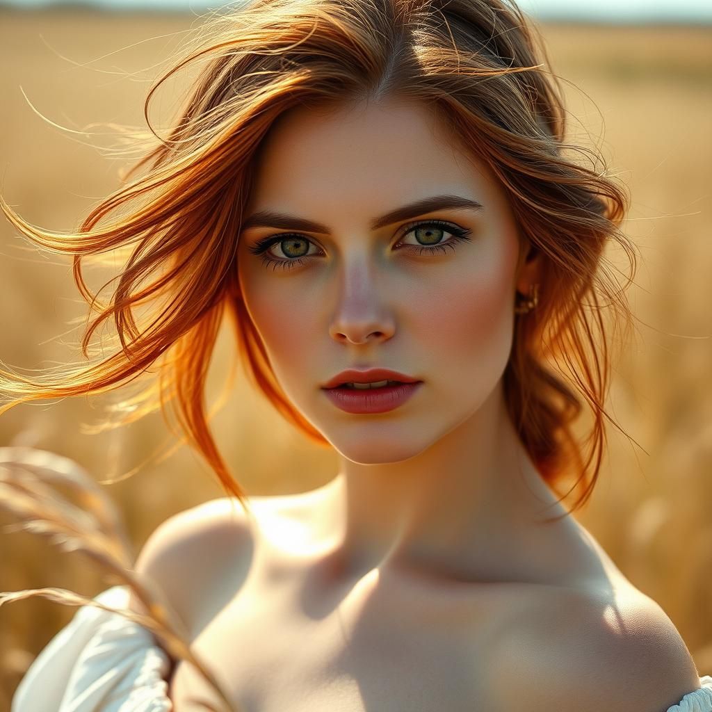 Auburn-Haired Woman in Grassy Field, Dreamy Portrait