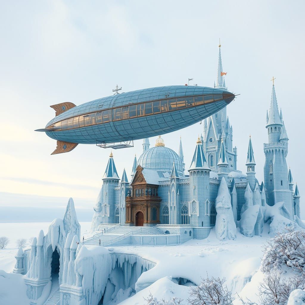 Steampunk Airship Soars Over Glass Ice Castle in Majestic Wi...