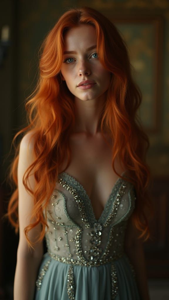 Stunning Redhead in Elegant Evening Gown, Inspired by Cinema...