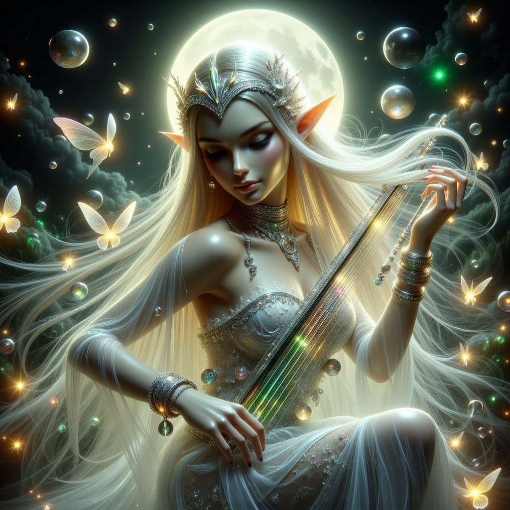 Elf Musician Under Full Moon, 3D Holographic Anime Art