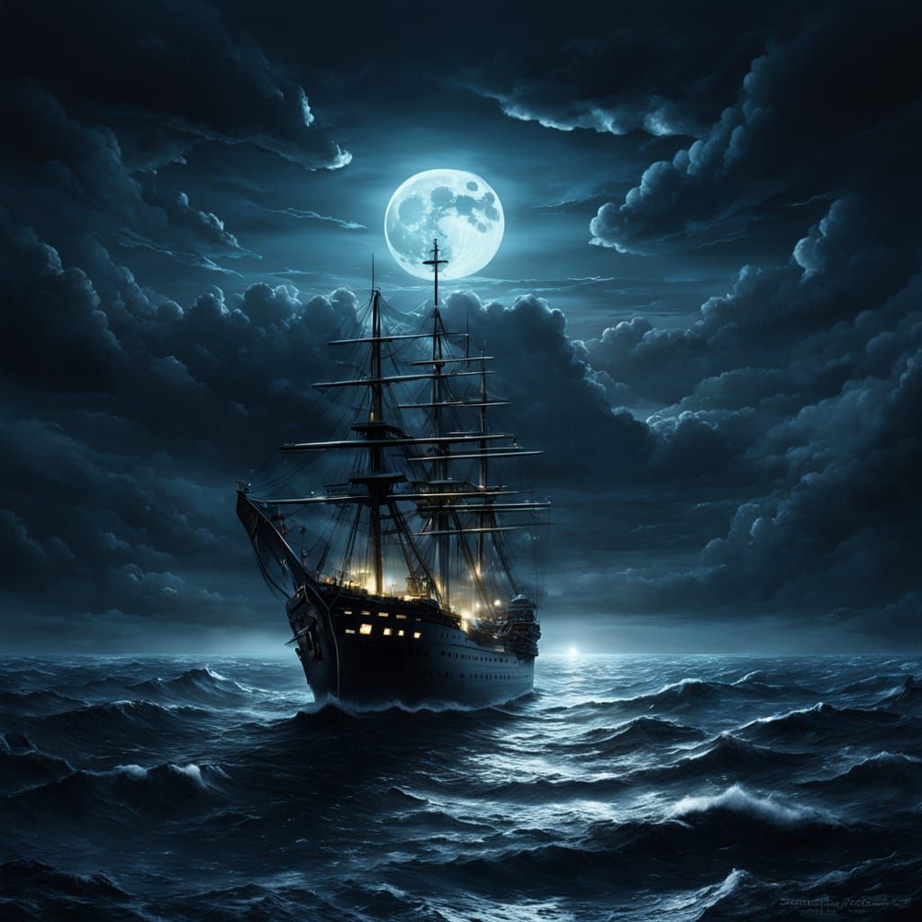 Epic Nighttime Seascape in Cold Blue Tones