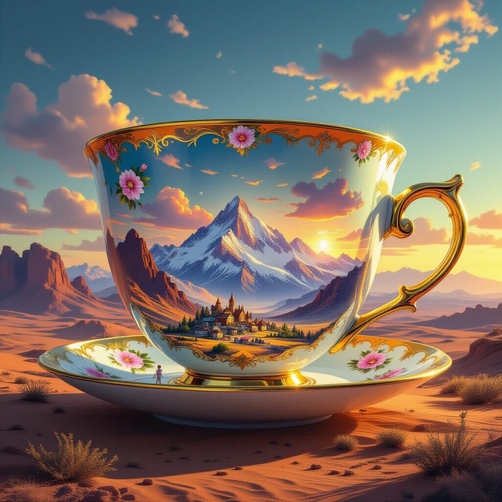 Colossal Teacup Dwarfs Mountains in Surreal Desert Landscape