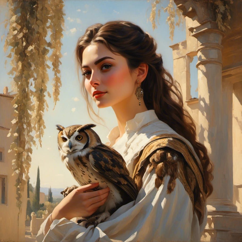 Brunette Beauty with Owl in Willow Garden
