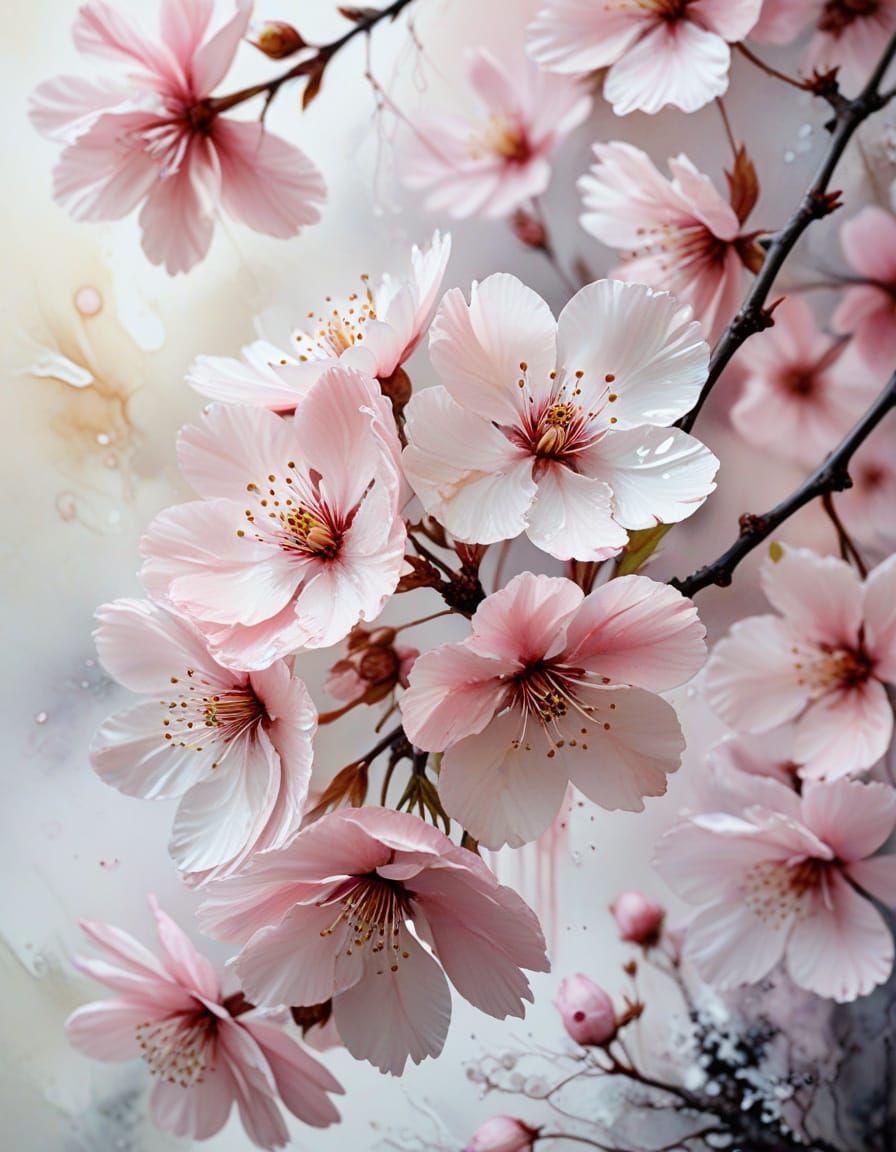 Ethereal Cherry Blossoms in Abstract Watercolor Style