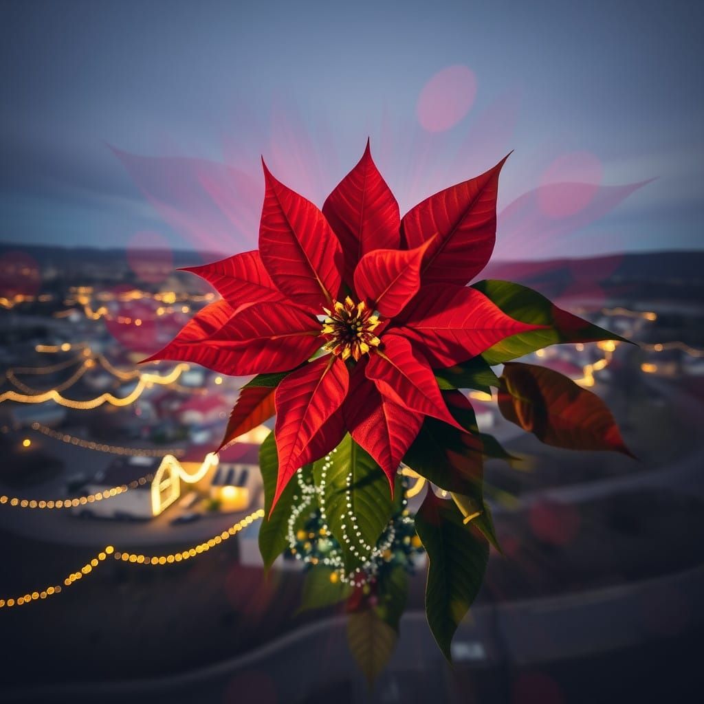 Winter Wonderland Christmas Scene with Vibrant Poinsettia Pl...