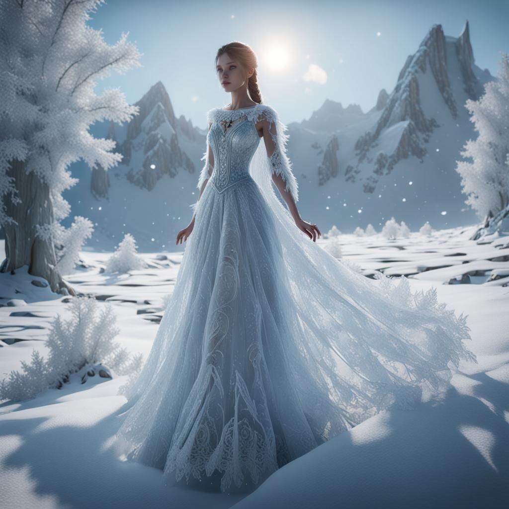 Icy Lace Gown in 3D Game Cinematic Style