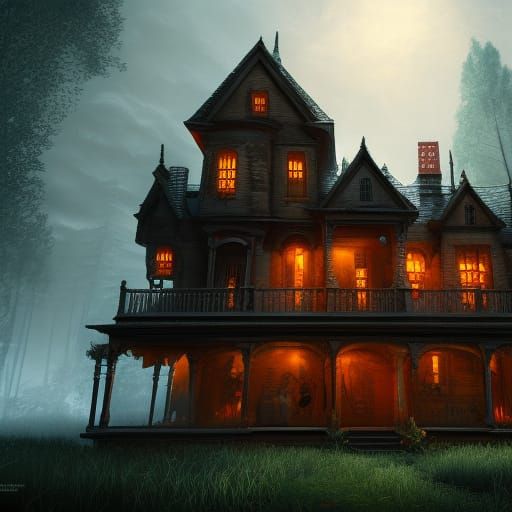 Haunted House with Ghost: Detailed Matte Painting