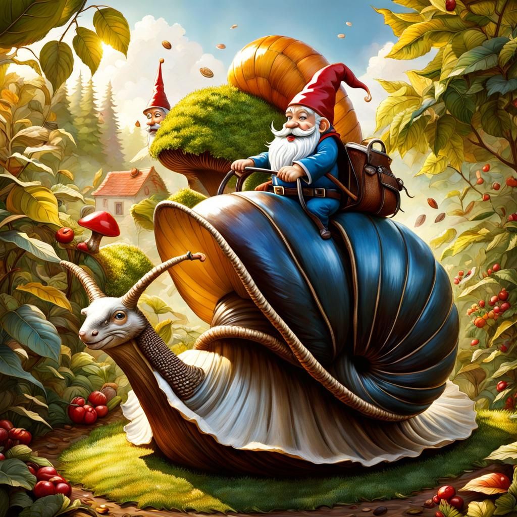 Garden Gnome Rides Snail Through Coffee Bean Garden