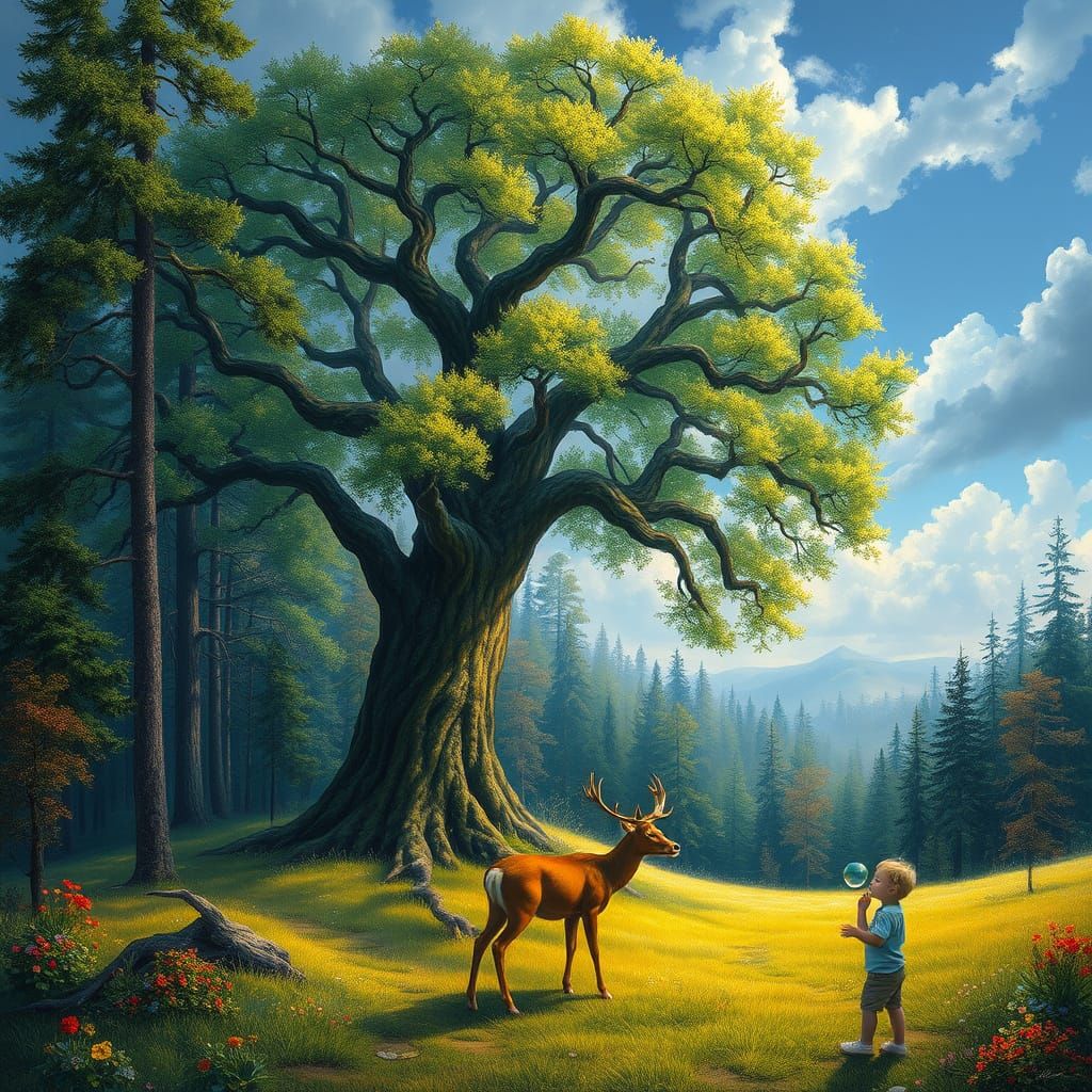 Serene Forest Scene with Deer and Child, Shishkin Style