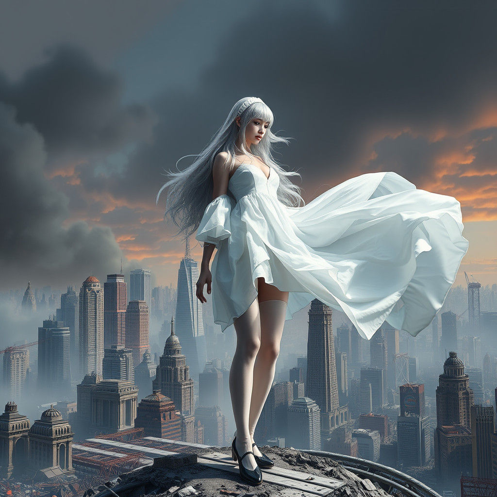Giantess in Ruined Cityscape: Fantasy Concept Art