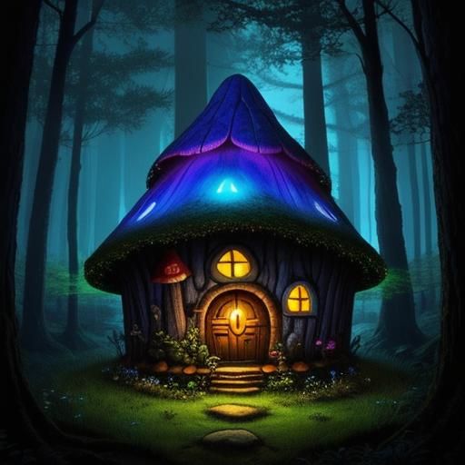 Fairy Mushroom House in Bioluminescent Forest