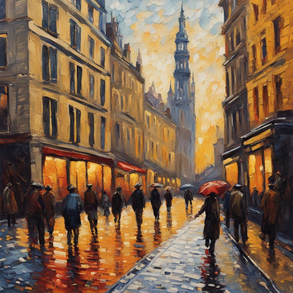 Brussels Street Scene in Neo-Impressionist Style