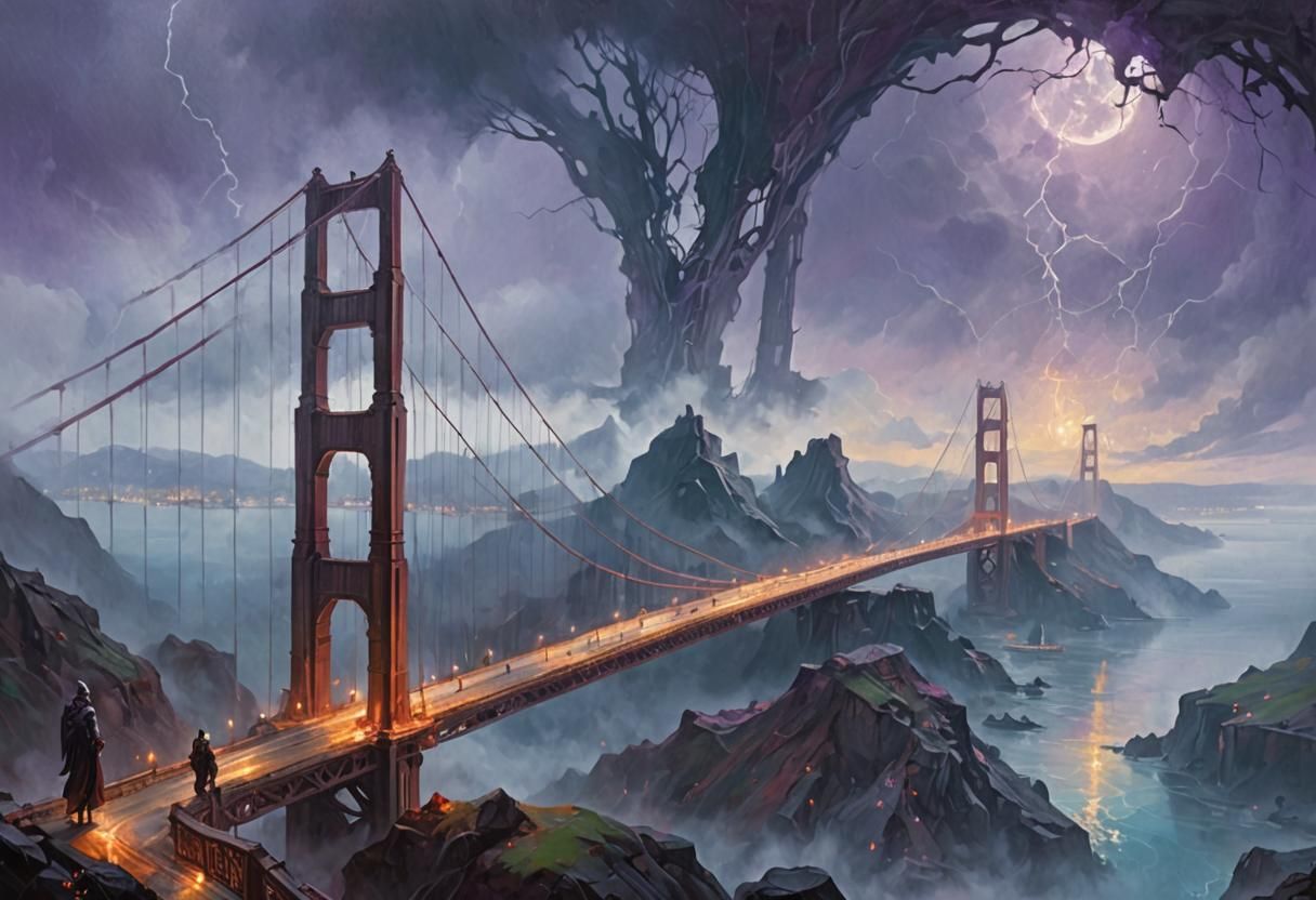 Golden Gate Bridge in Dark Fantasy Landscape
