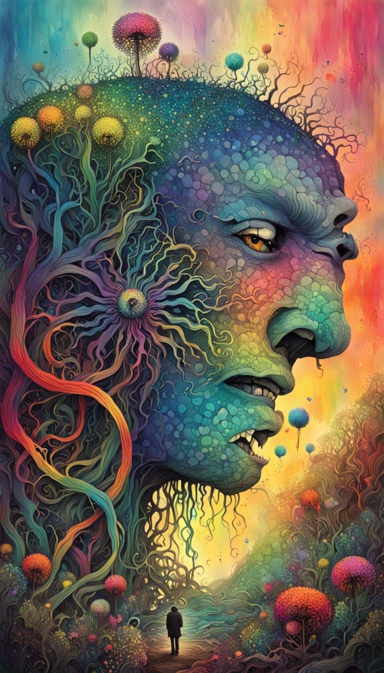 Biomechanical Face with Rainbow Vines in Watercolor Style