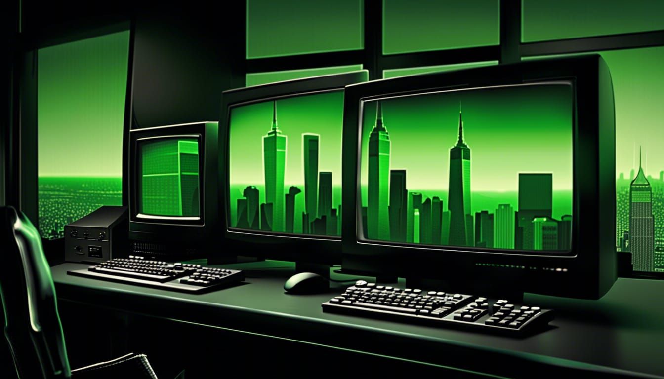 Retro Computer Screen Vector Graphics of World Trade Center