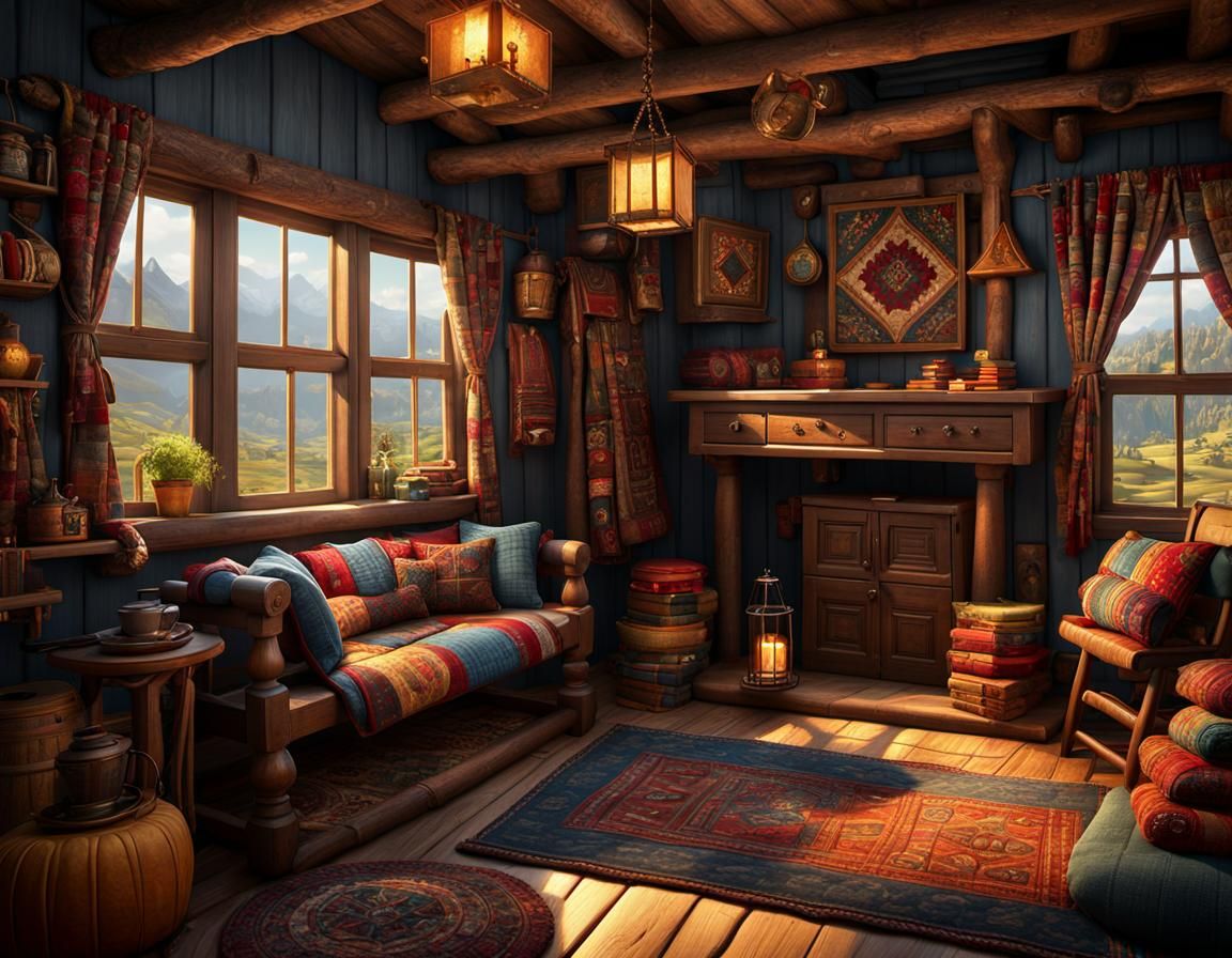 Cozy Patchwork Cabin Interior in Detailed Matte Painting