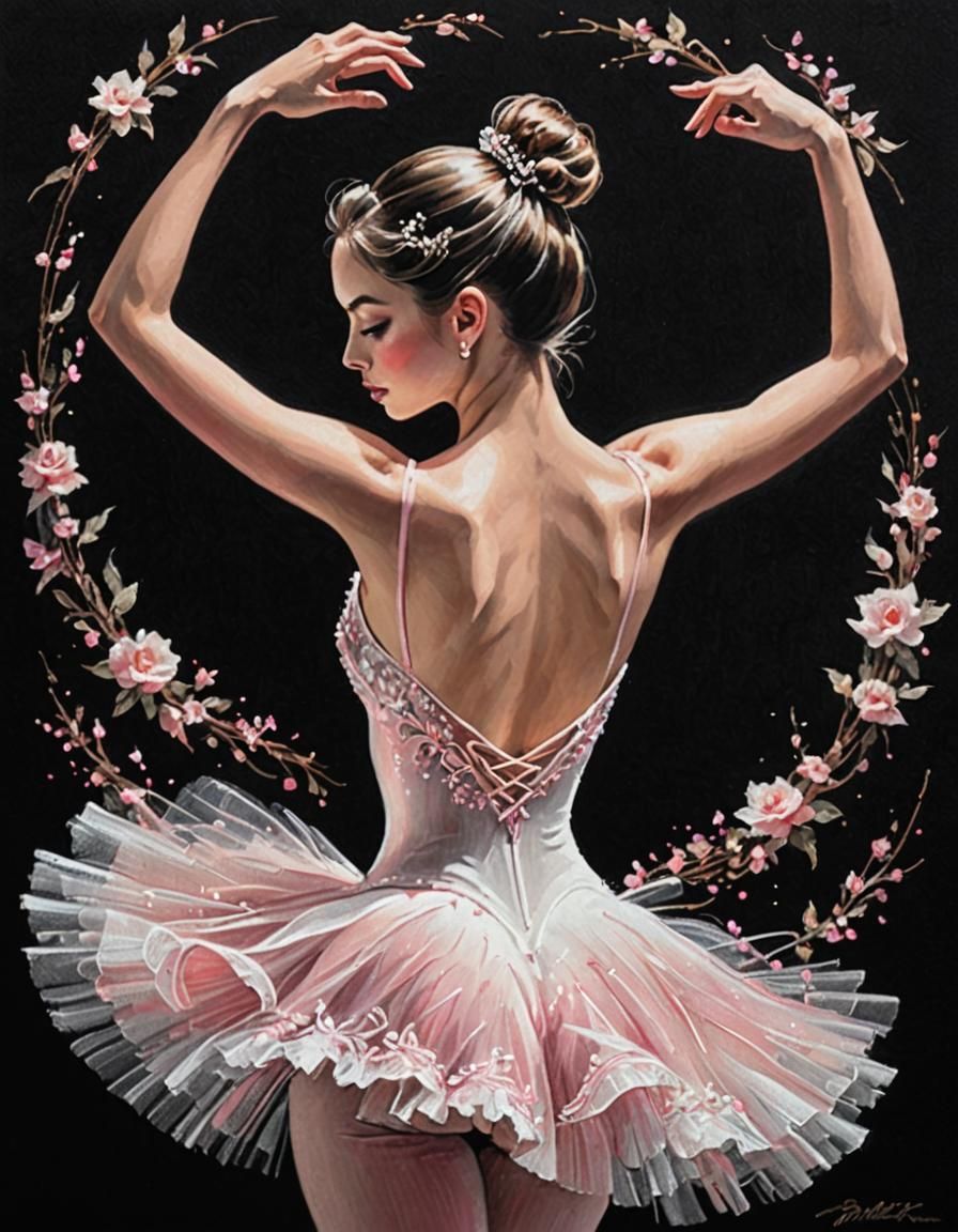 A sketch with white and pink ink on inky black background of stunning ballerina woman, capturing her in movement with ba...