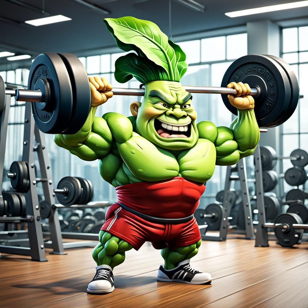 Buff Bok Choy Lifts Weights: 3D Cartoon Caricature