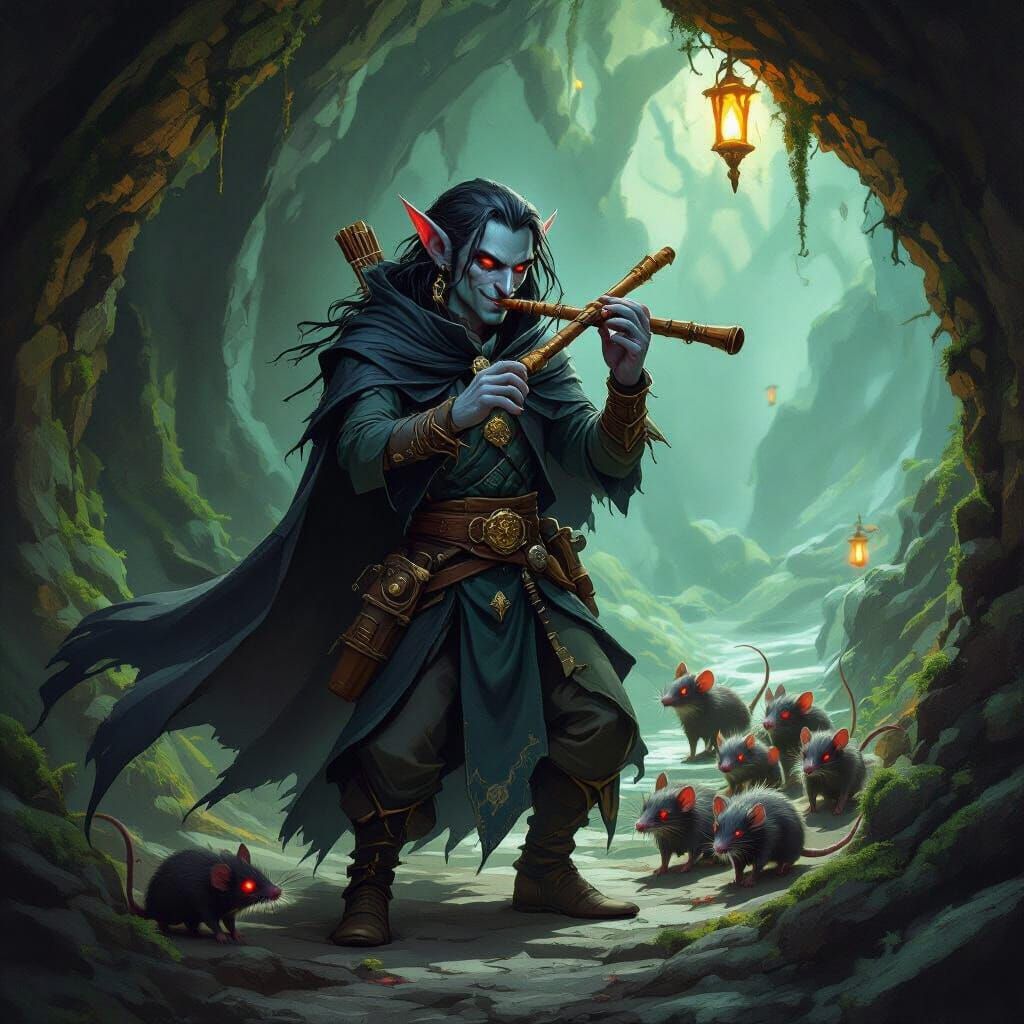 Drow Bard with Flute and Rats in Dark Fantasy Cavern