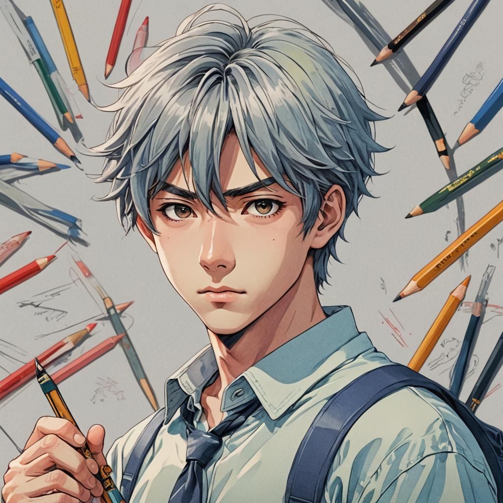 Anime Male Character in Manga Style with Pencil