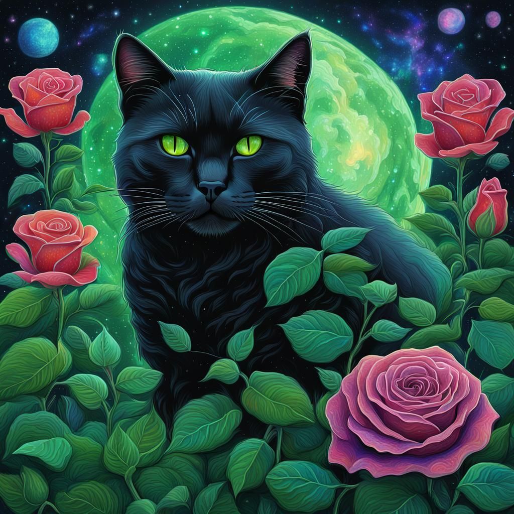 Black Cat in Garden of Green Roses