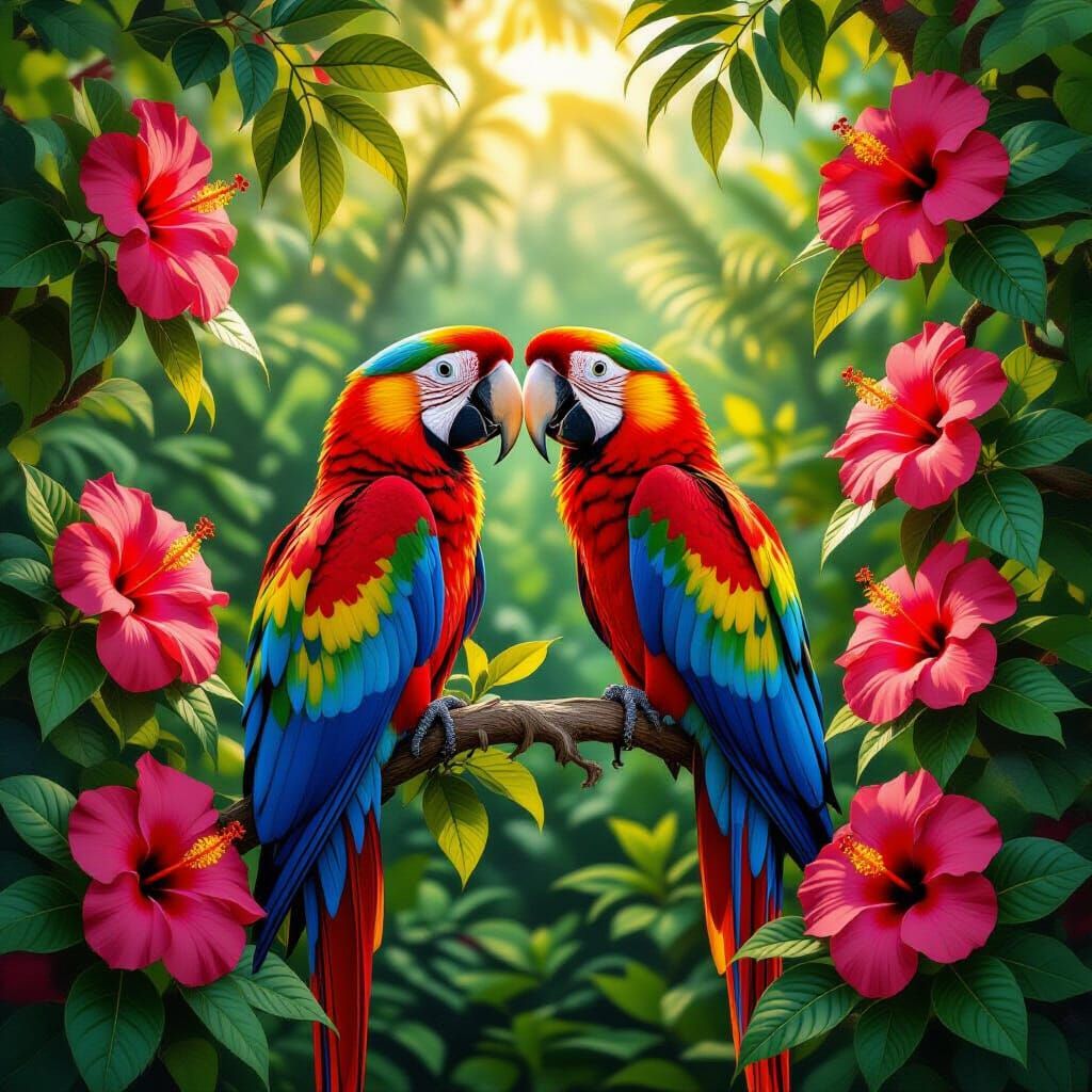 Scarlet Macaws Preening in a Tropical Jungle