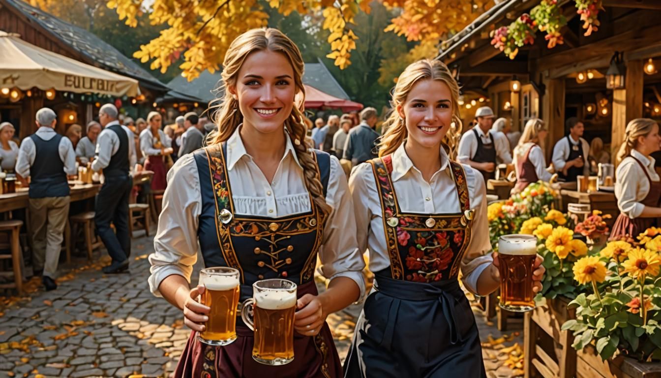 Bavarian Waitress in Beer Garden: Vibrant Folk Art