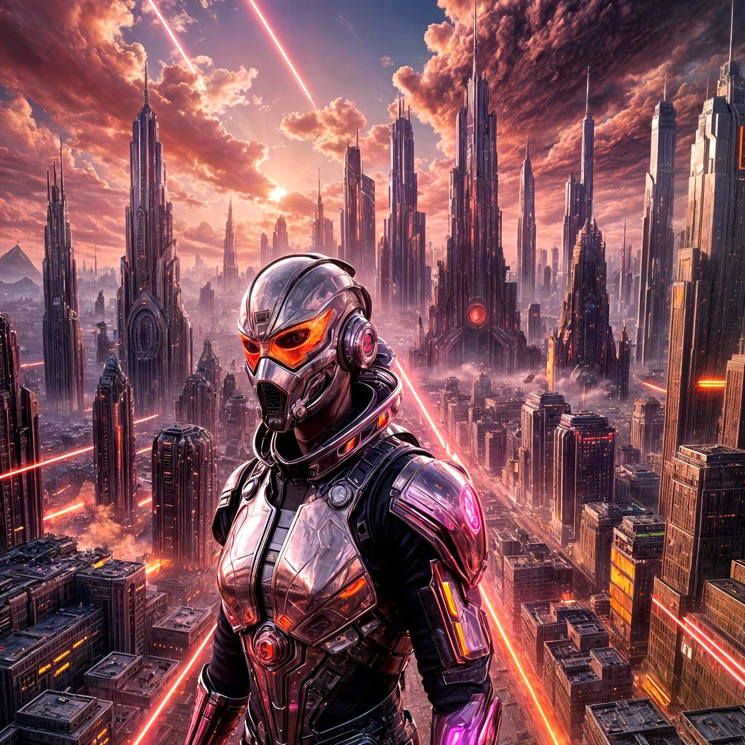 Futuristic Chrome City with Laser Sky, Detailed Digital Art