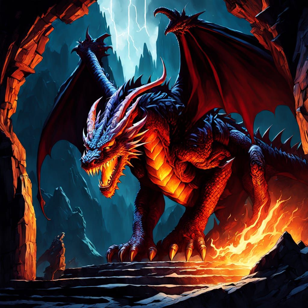 Crimson Dragon Guards Fiery Portal Amidst Obsidian Mountains