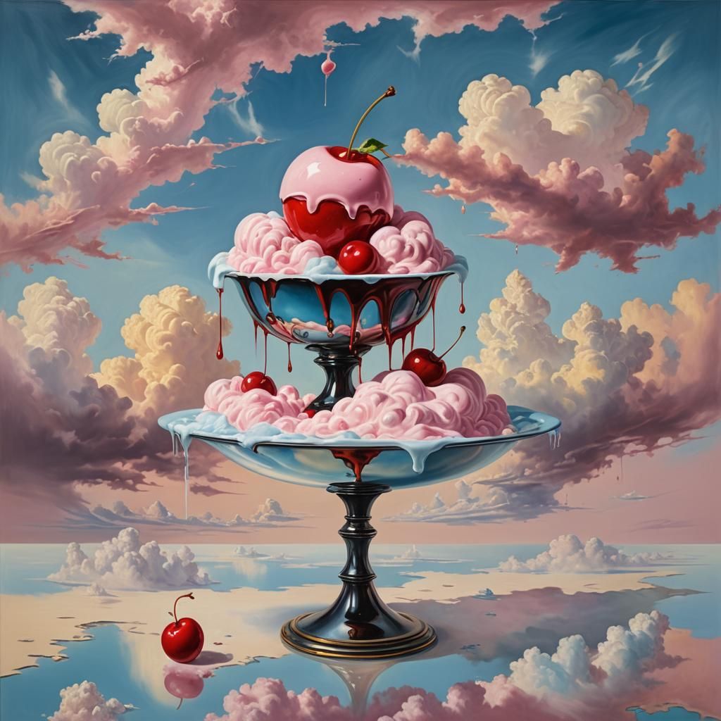 Surreal Cherry Eats Ice Cream in Dreamscape