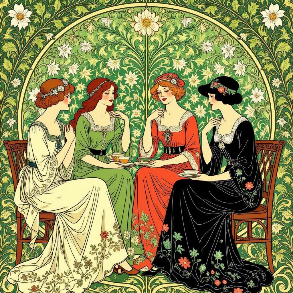 Figures Amidst Floral Wallpaper in Arts and Crafts Style