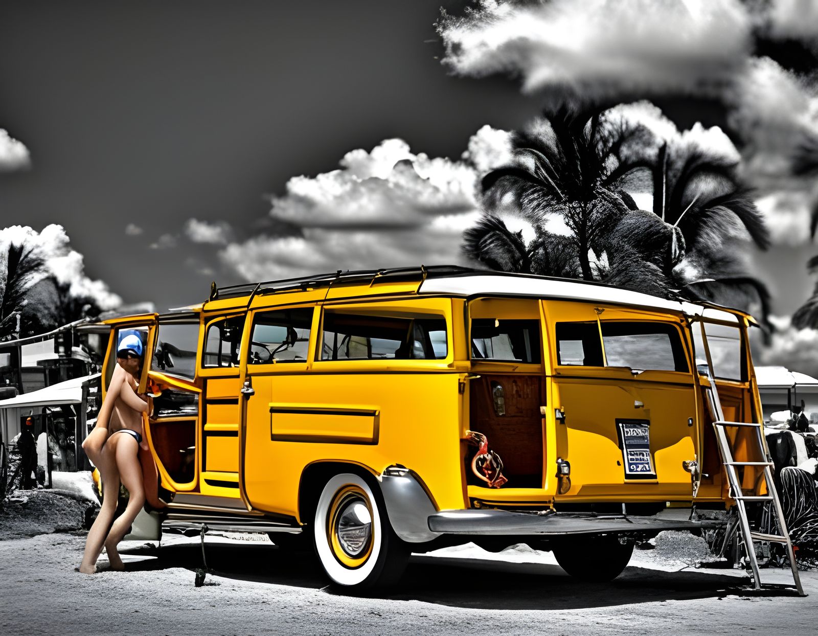 Yellow Surf Wagon on a Beach with Bikinis