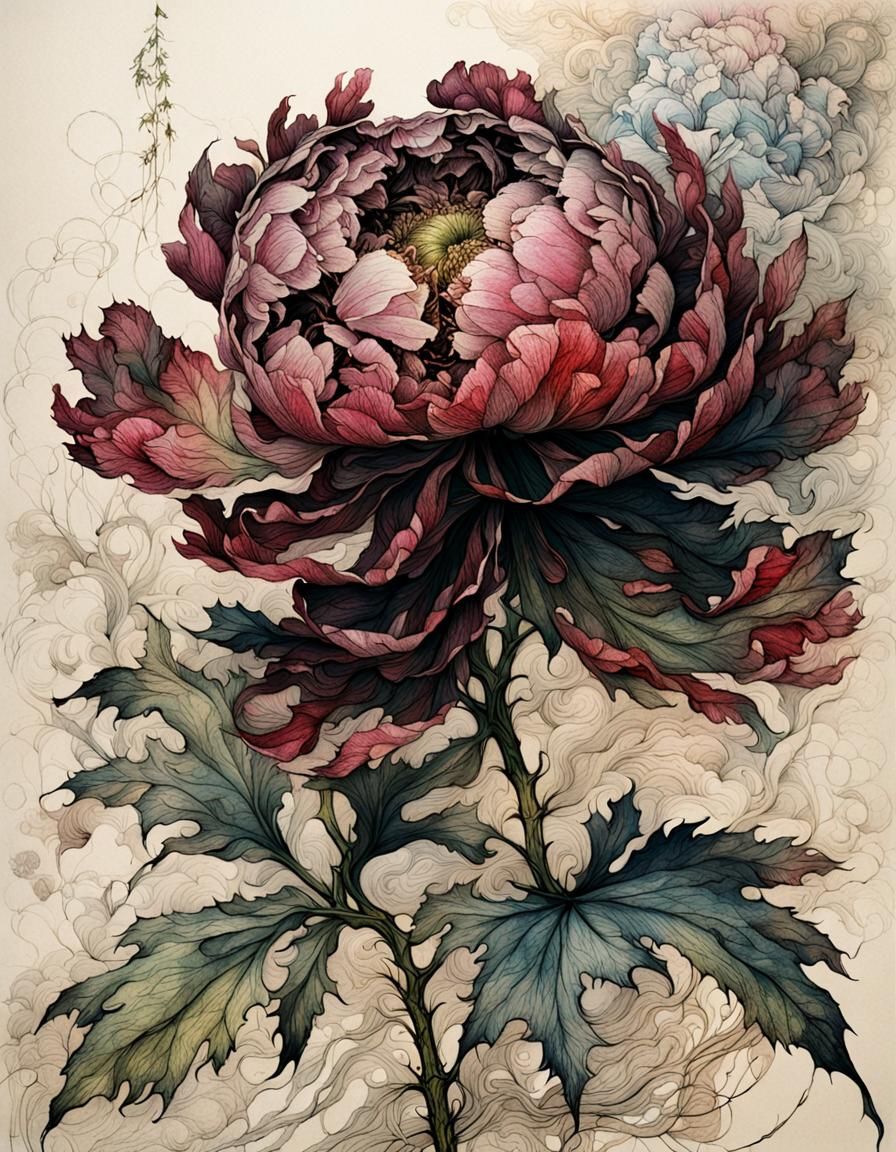 Medieval Peony Blossom Art by Rackham, Griffiths, Friedrich
