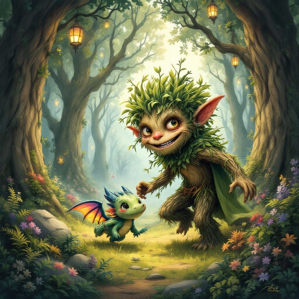 Mystical Forest Troll Chases Baby Dragon
