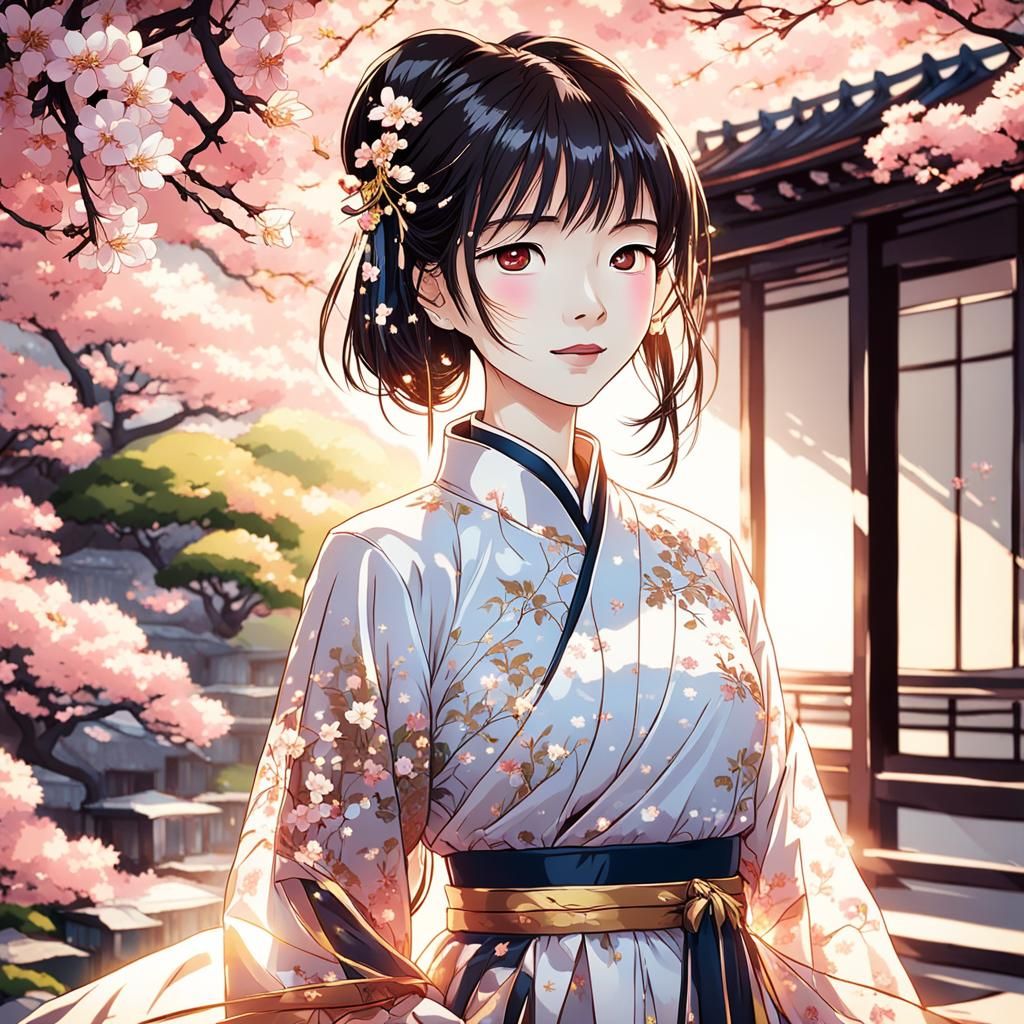 Anime Portrait of Asian Girl in Cherry Garden