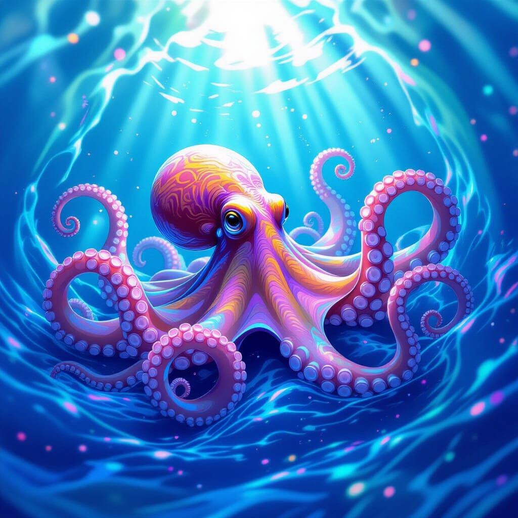Dancing Octopus in Iridescent Sea, Neon Art