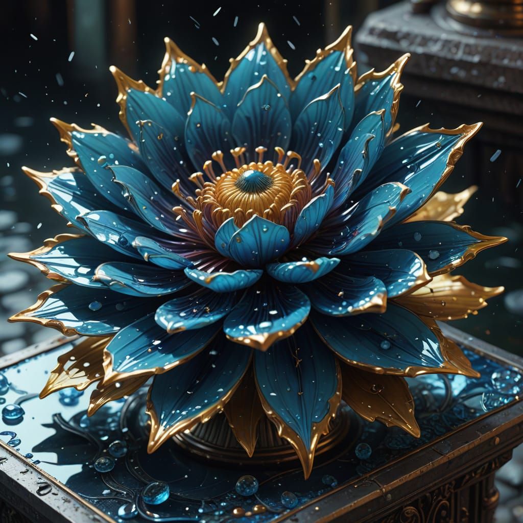 Magical Blue Glass Flower Reflecting Stars, Digital Art