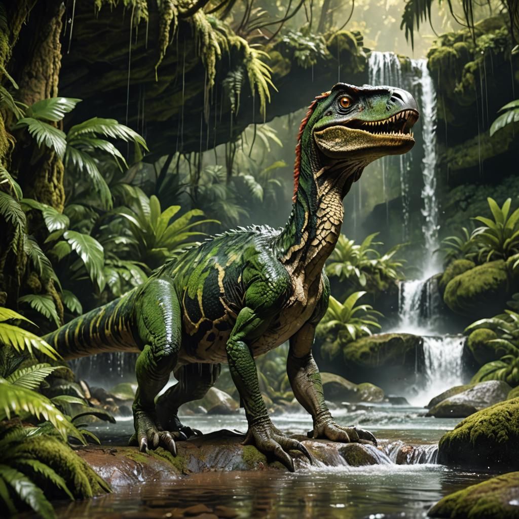 Velociraptor Bathes in Antediluvian Rainforest: Digital Art