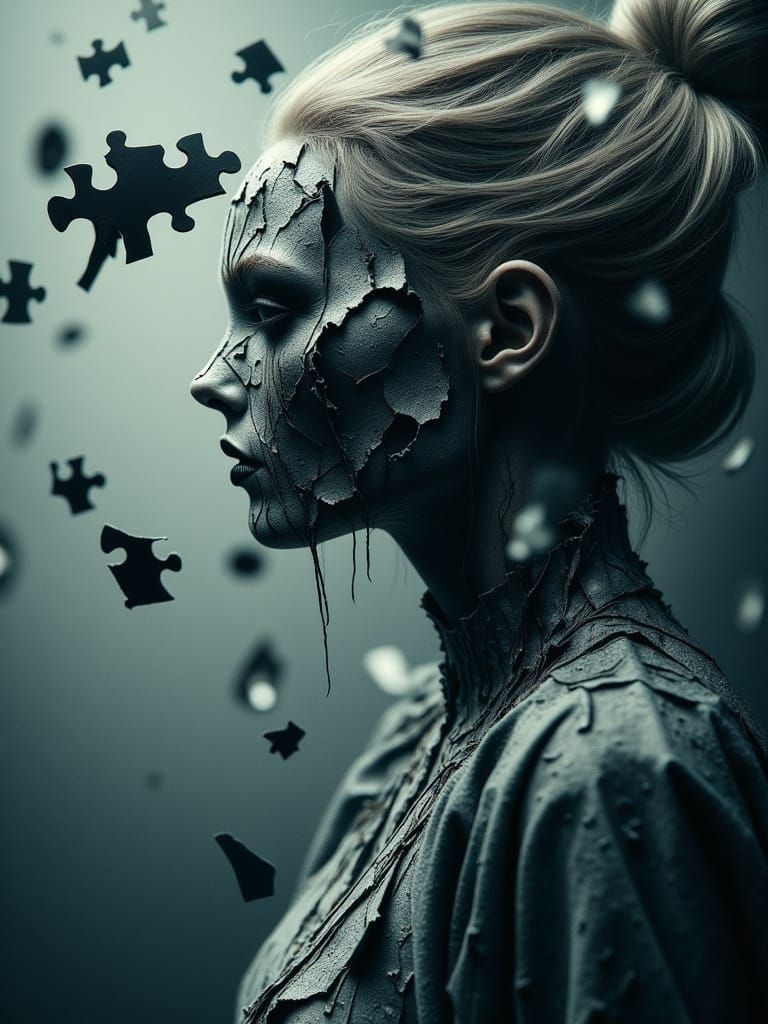 Woman Surrounded by Shattered Hearts, Surreal Style