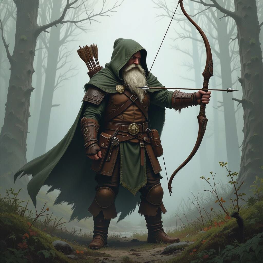 Gnome Ranger in Misty Forest, Fantasy Art