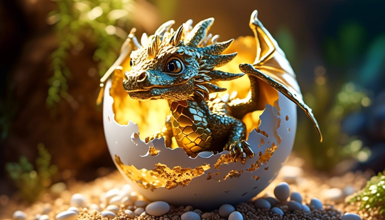 Hyperrealistic Baby Gold Dragon Hatching from Egg