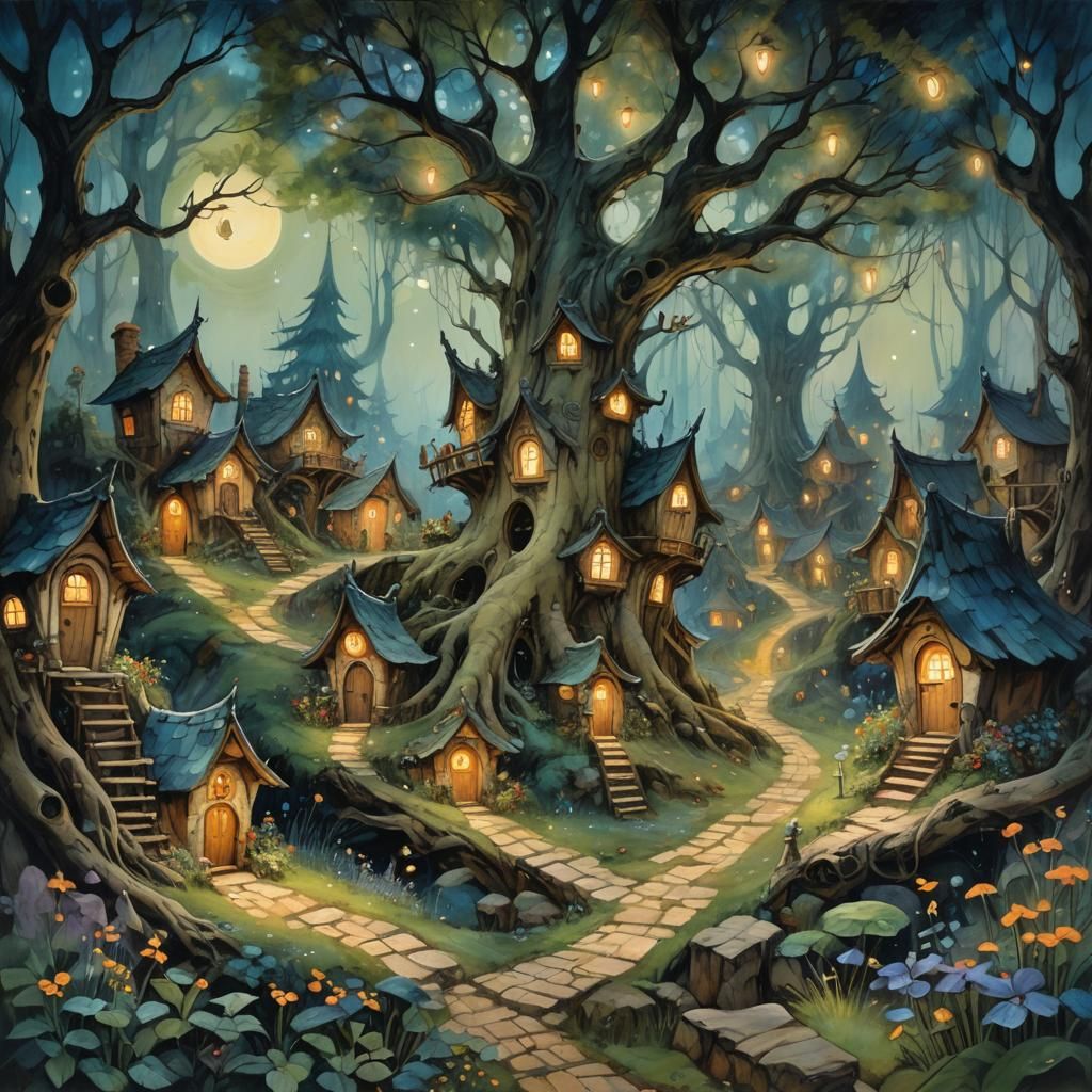 Whimsical Fairy Village in a Dreamy, Neo-Expressionist Oil P...