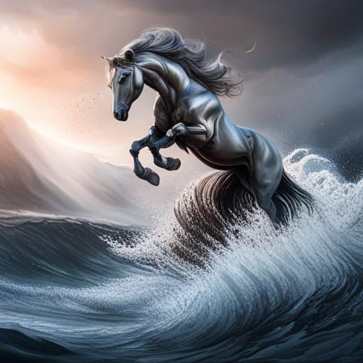 Steel Horse Bursts from Ocean in Ultrarealism