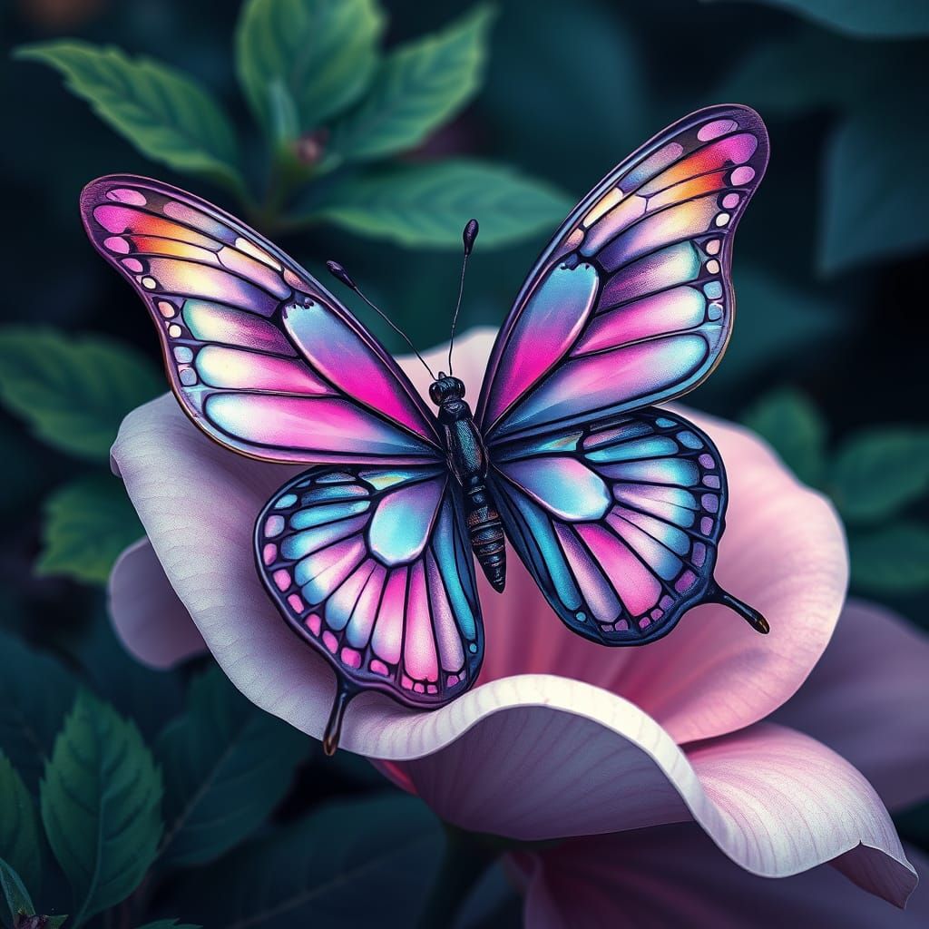 Iridescent Butterfly Perched on a Velvet Petal