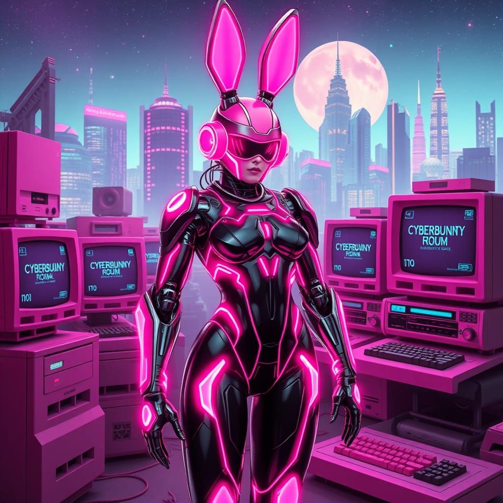 neon pink Cyberbunny bot woman   on  retro.computer  landsca...