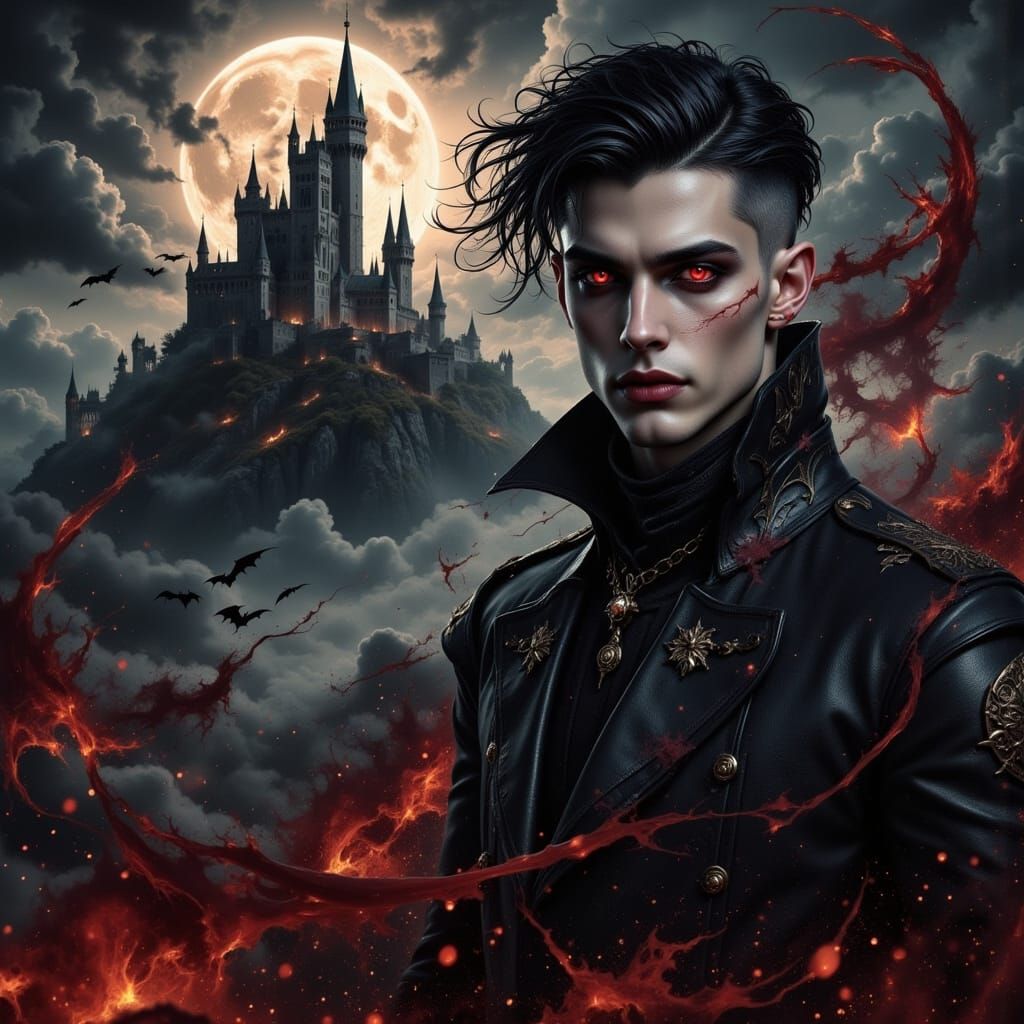 Handsome Vampire Lord Before Moonlit Castle