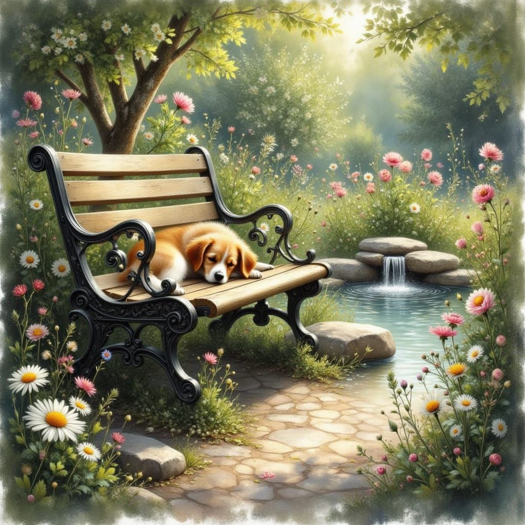 Cozy Park Bench with Napping Puppy, Impasto Acrylic Painting